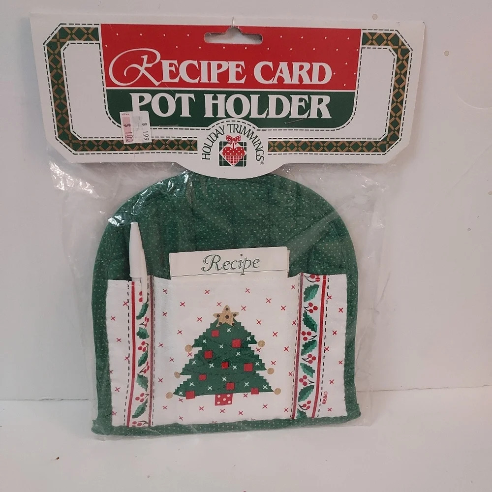 Vintage Christmas Tree Fabric Pot Holder, Recipe Card and Pen Holder